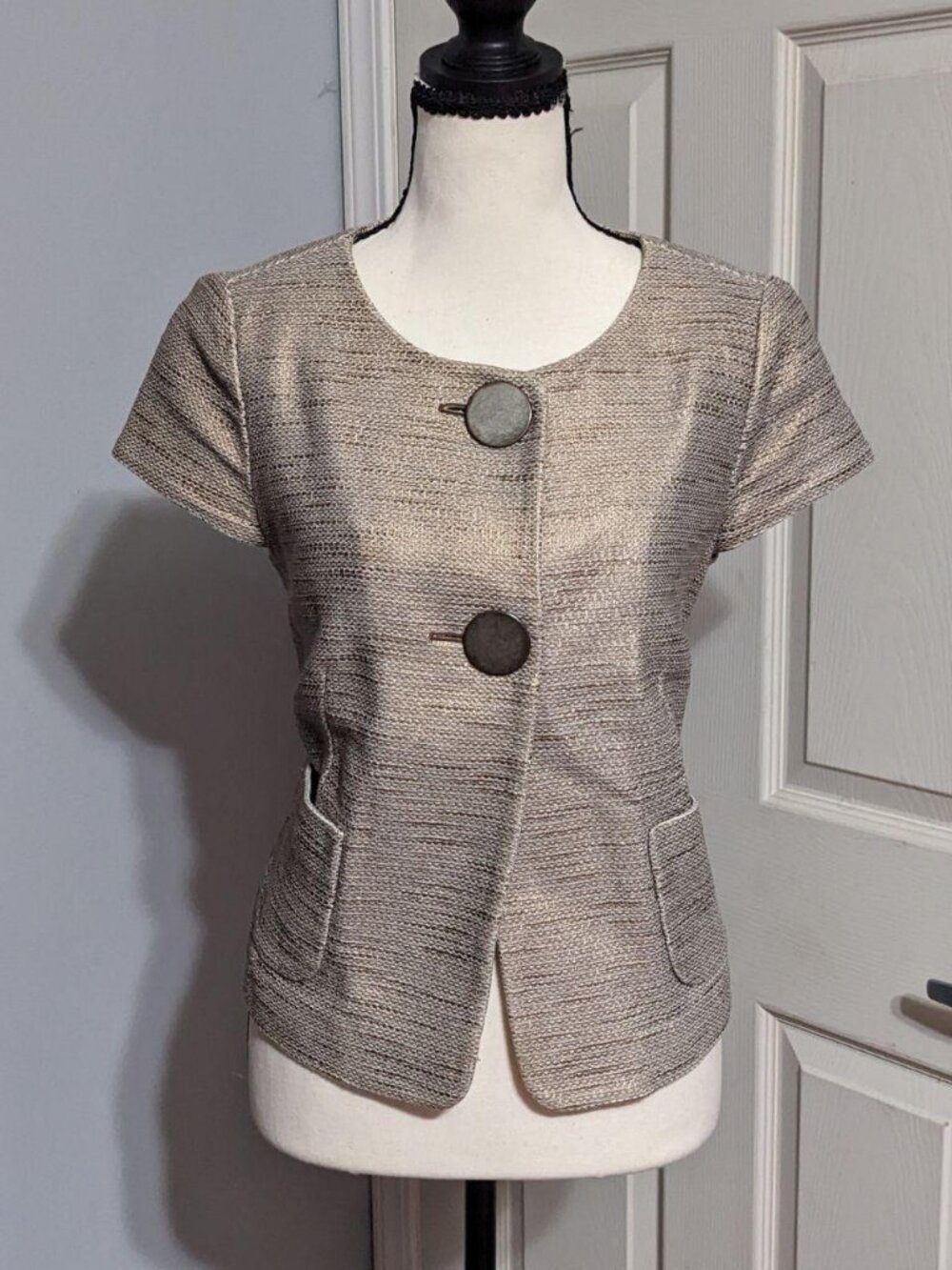 Classiques Entier Metallic Gold Tweed Short Sleeve Blazer Jacket XS Petite